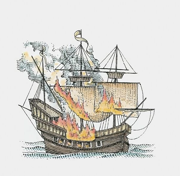 Illustration of galleon in flames on sea