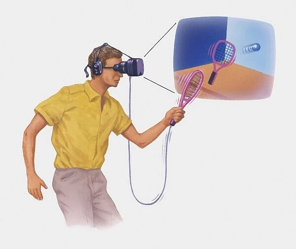 Illustration of man playing virtual reality tennis
