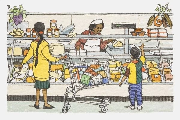Illustration, mother and son being served standing in front of supermarket meat and cheese counter
