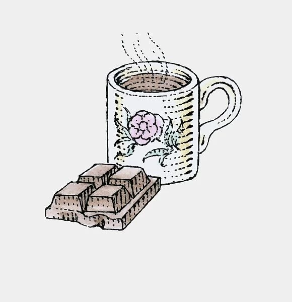 Illustration of mug of hot chocolate and partly eaten chocolate bar