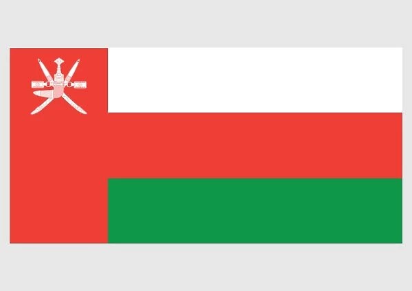 Illustration of national flag of Oman, with three white, green, and red stripes on field and red bar bearing national emblem of Oman
