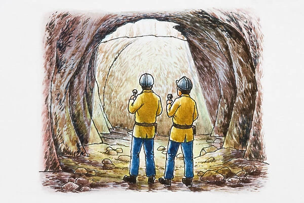 Illustration of two people illuminating inside of cave with flashlights