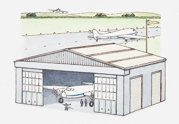 Illustration of plane in hangar and another one on runway
