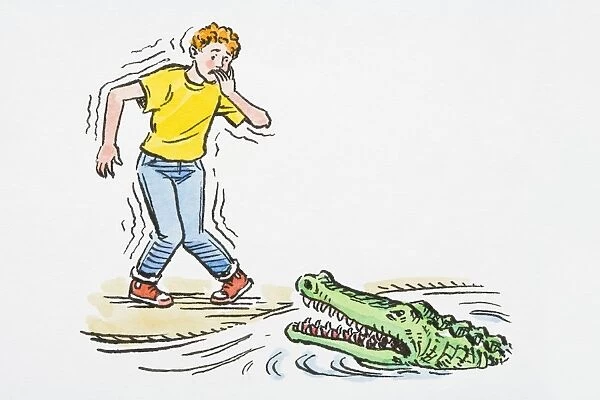 Illustration of teenager shaking with fear, knees knocking and fingers in mouth standing at edge of water looking at crocodile with open mouth