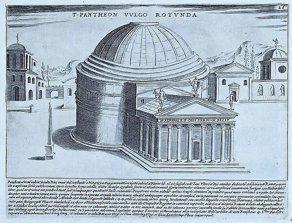 The image shows the view of the Pantheon as it might have looked when built, with statues on the pediment and the building clad in marble. It was commissioned by Marcus Agrippa during the reign of Augustus (27 B. C. 14 A. D. ) and rebuilt by Emperor