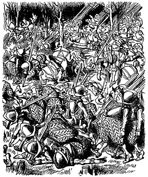 Very lively illustration entitled Battle (Alices Adventures in Wonderland)