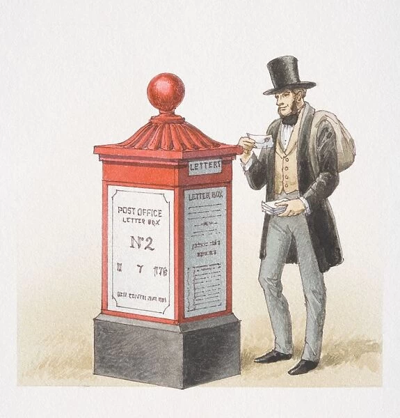 Man in top hat holding letter by 1850 Pillar box, front view