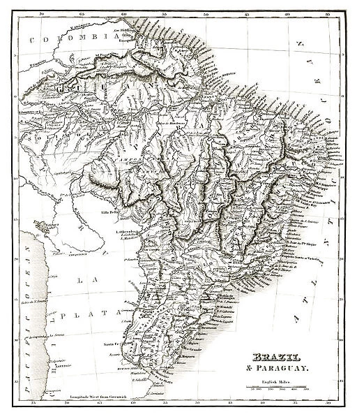 Map of Brazil and Paraguay (early 19th century steel engraving)