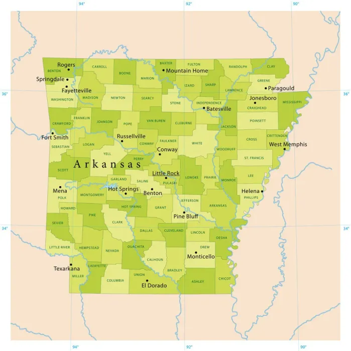 Framed Print : Arkansas Vector Map - Highly Detailed CMYK Print-Ready Map Framed Print : Arkansas Vector Map - Highly Detailed CMYK Print-Ready Map