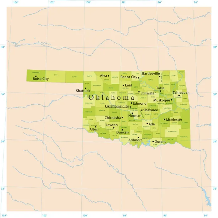 Framed Print : Highly Detailed Oklahoma Print Map Framed Print : Highly Detailed Oklahoma Print Map