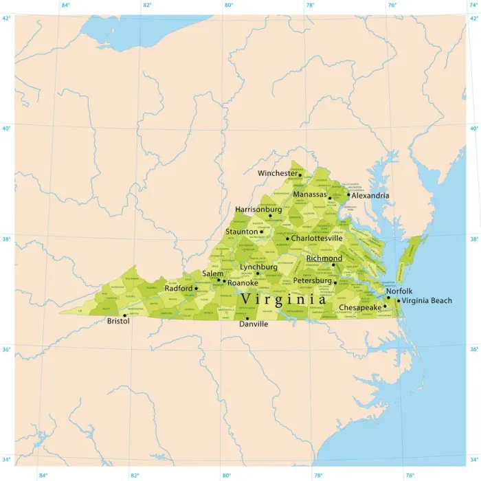 Framed Print : High Resolution Virginia Print Map Framed Print : High Resolution Virginia Print Map
