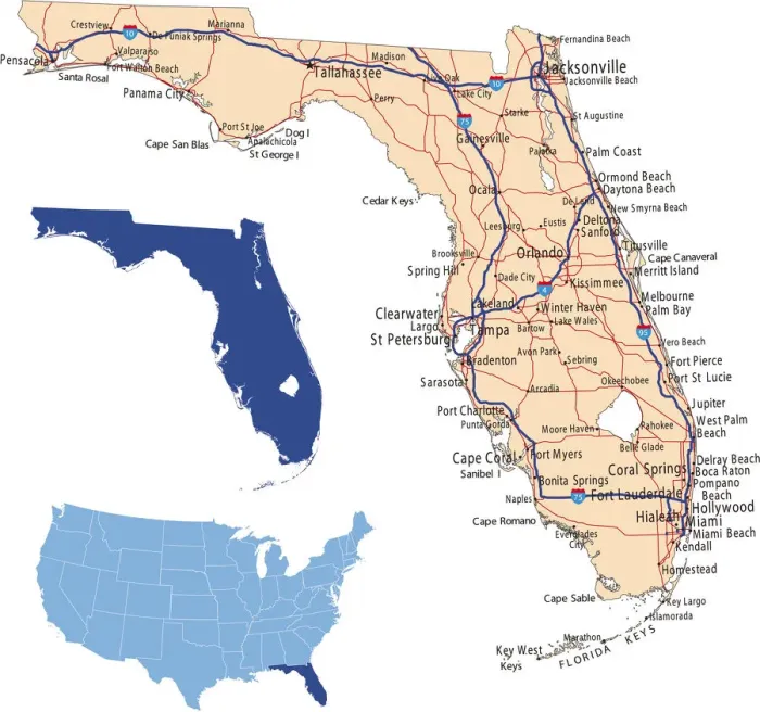 Framed Print : Florida Road Map Print Framed Print : Florida Road Map Print
