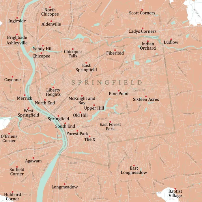 Framed Print : Hampden and Springfield Vector Road Map Print