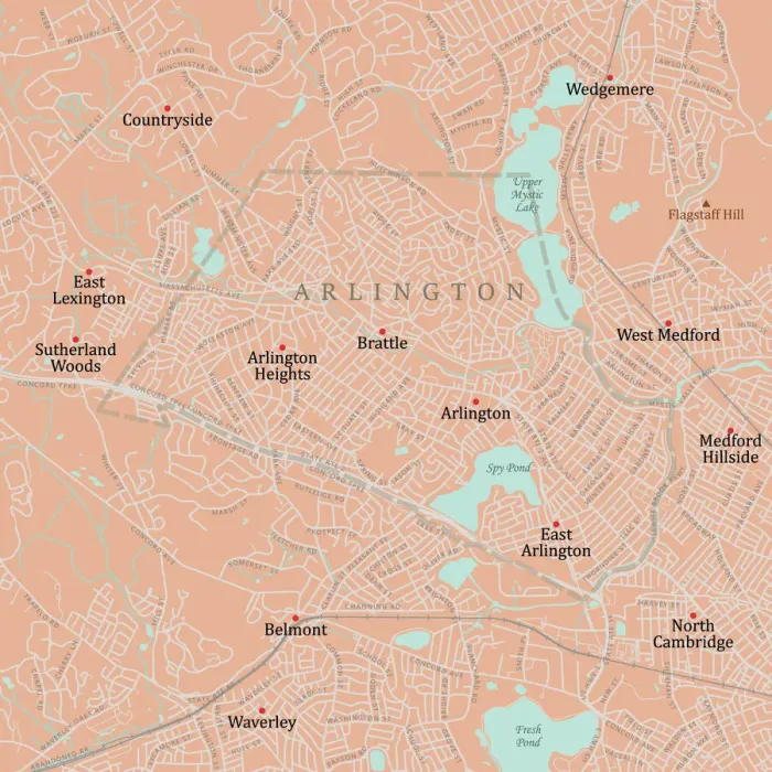 Framed Print : Arlington MA Vector Road Map Print
