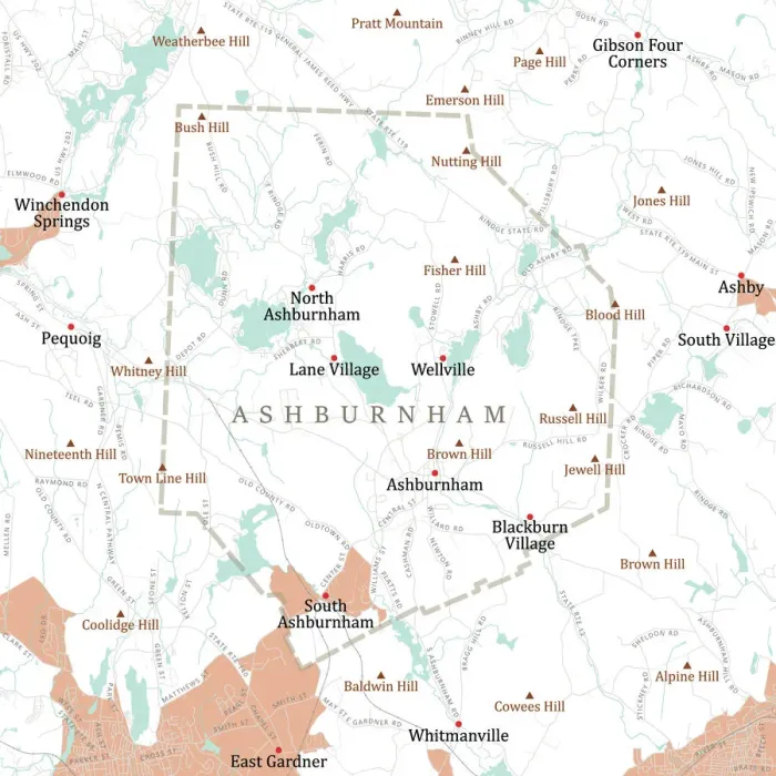 Framed Print : MA Worcester Ashburnham Vector Road Map Print