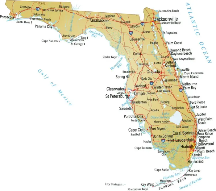 Framed Print : Florida Vector Map Print with Major Roads, Rivers and Lakes Framed Print : Florida Vector Map Print with Major Roads, Rivers and Lakes