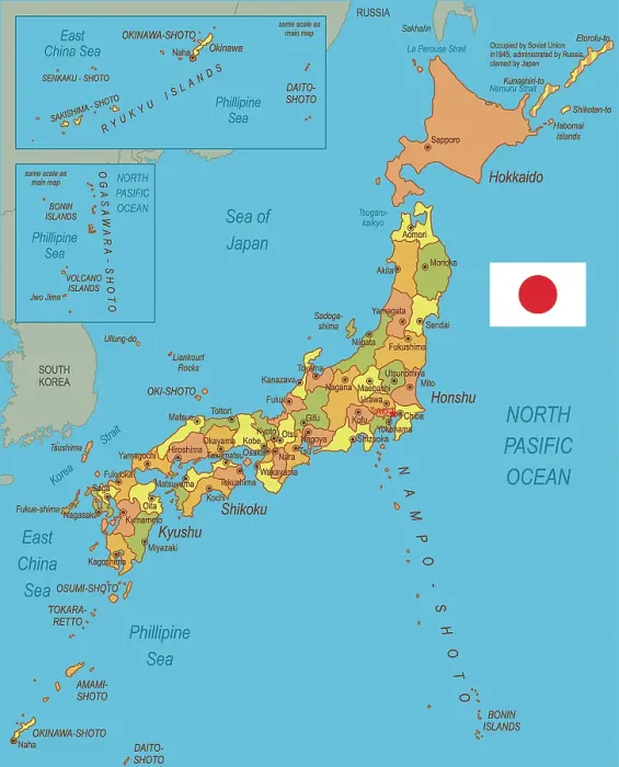 Framed Print : Japan Reference Map Print with Flag Framed Print : Japan Reference Map Print with Flag