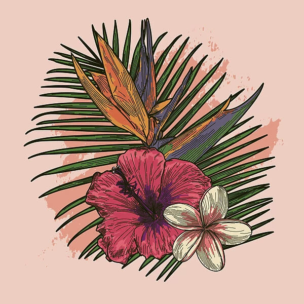 Millennial Pink and Coral Tropical Plant and Floral Bouquet