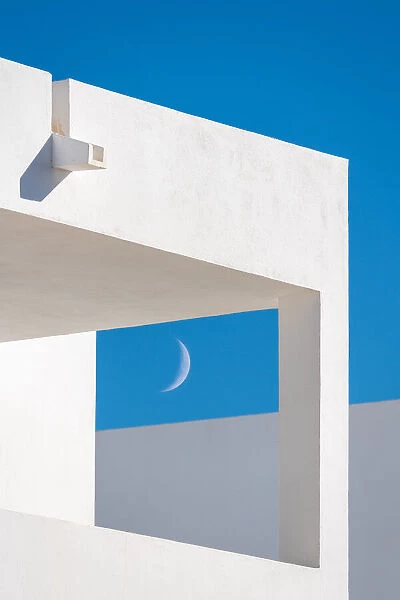 Modern Minimalist Architecture, buildings details with blue sky and half moon