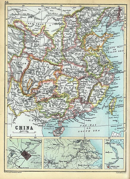 Old Antique map of China, detail of Pekin and Nanjing, Shanghai, 1890s, Victorian 19th Century history, 1890s