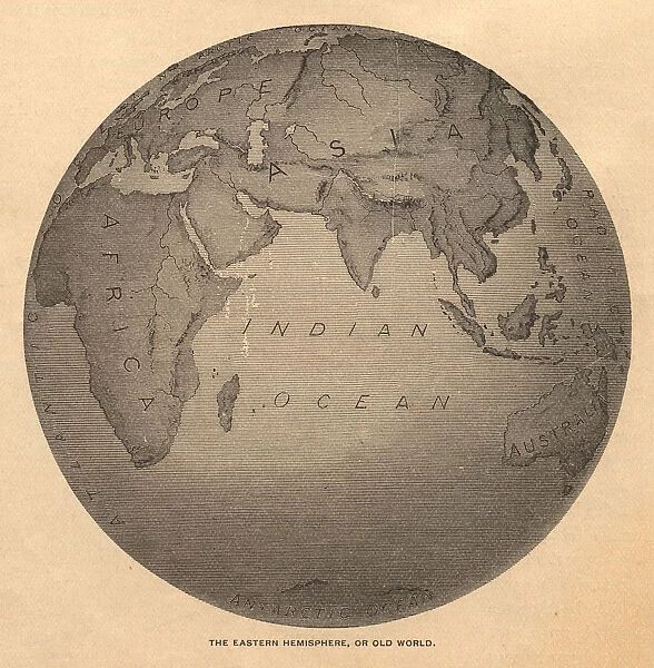 Old, Black and White Illustration of Eastern Hemisphere, From 1800 s