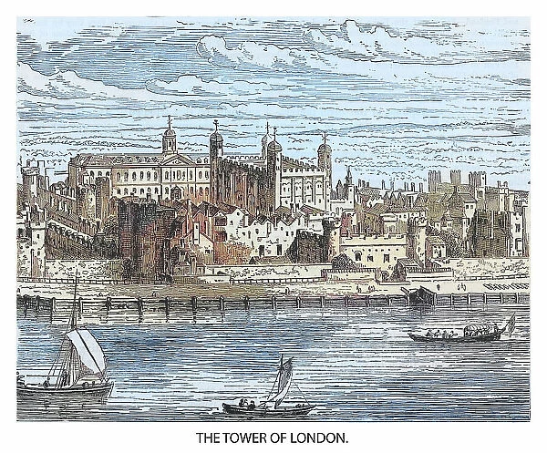 Old engraving illustration of Tower of London in London, England