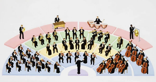 Orchestra, instrumental ensemble arranged with percussion, string, brass, and woodwind sections, with conductor, elevated view