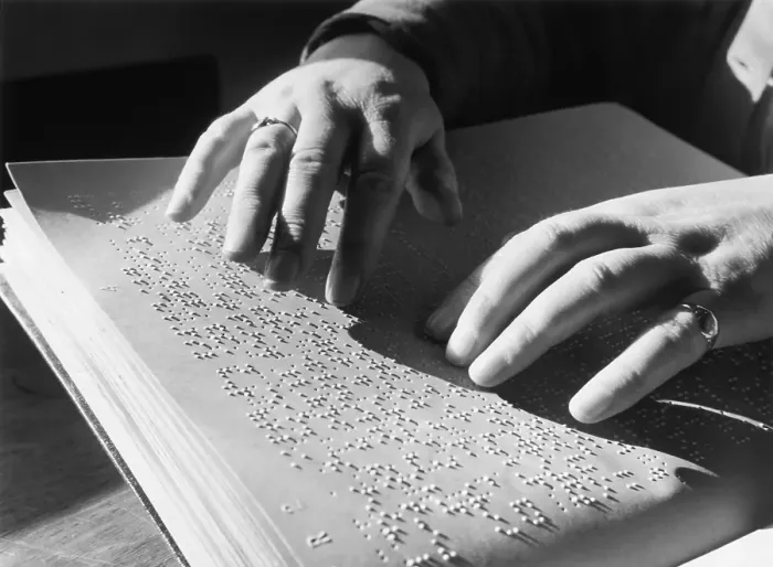 Framed Print : Print of Blind Proofreader Examining Braille Text Framed Print : Print of Blind Proofreader Examining Braille Text
