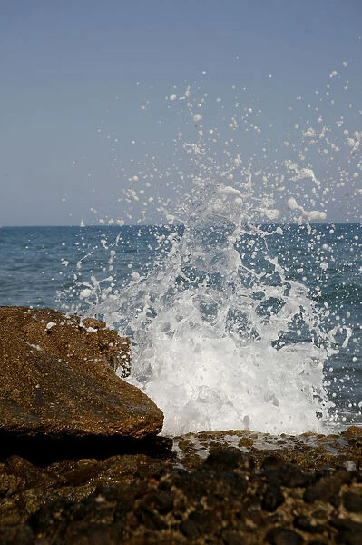Sea spray, Mediterranean coast in Sitges, Parc National del Garraf, Costa Dorado, Spain, Europe