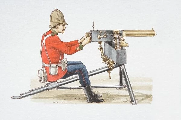 Sitting soldier loading 1885 Maxim machine gun, side view