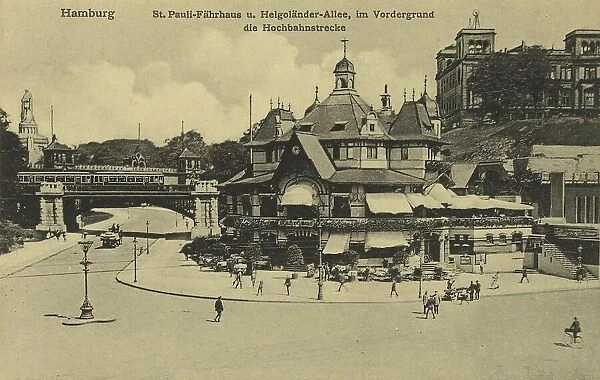 St. Pauli, Faehrhaus and Helgolaender Allee, elevated railway, Hamburg, Germany, postcard with text, view around ca 1910, Historic, digital reproduction of a historic postcard, public domain, from that time, exact date unknown
