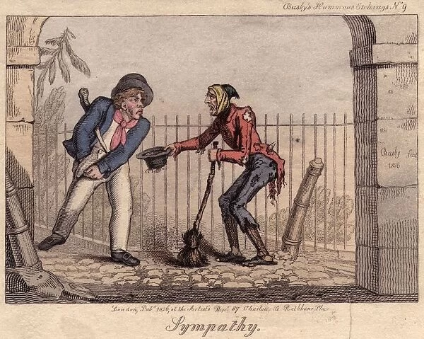 Sympathy. circa 1826: A man paying a London crossing sweeper