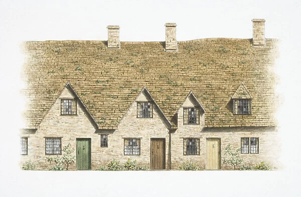 Two-storey Arlington Row cottage made of Cotswold stone, front view