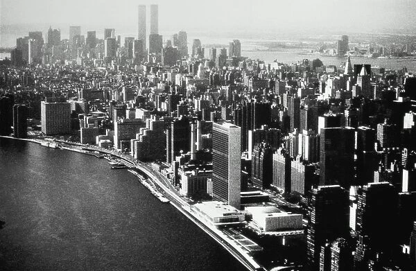 USA, New York City, Manhattan, skyline, elevated angle view (B&W)