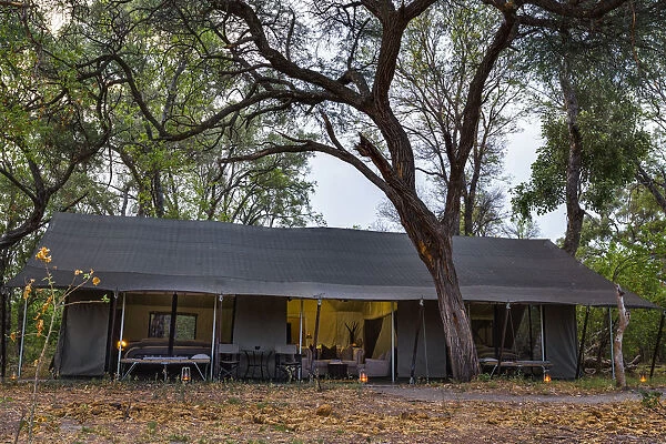 View into luxury family tent, Machaba Camp, Okavango Delta, Botswana