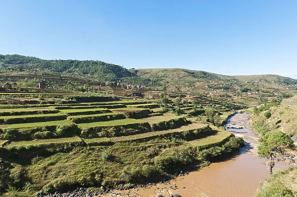 Villages of the Merina people with terraced rice paddies above a river, near Antananarivo, Madagascar