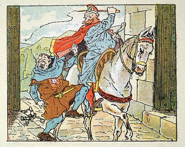 Vintage illustration, Cartoon of Wizard, man hitting the gatekeeper of a castle