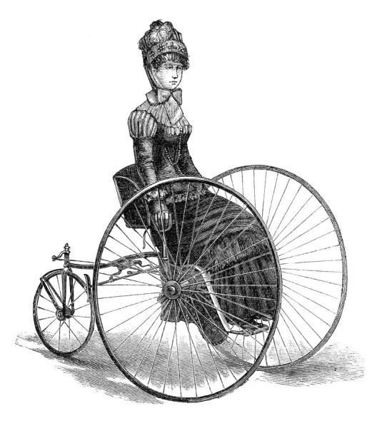 Woman riding Penny Farthing bike 1885 illustration