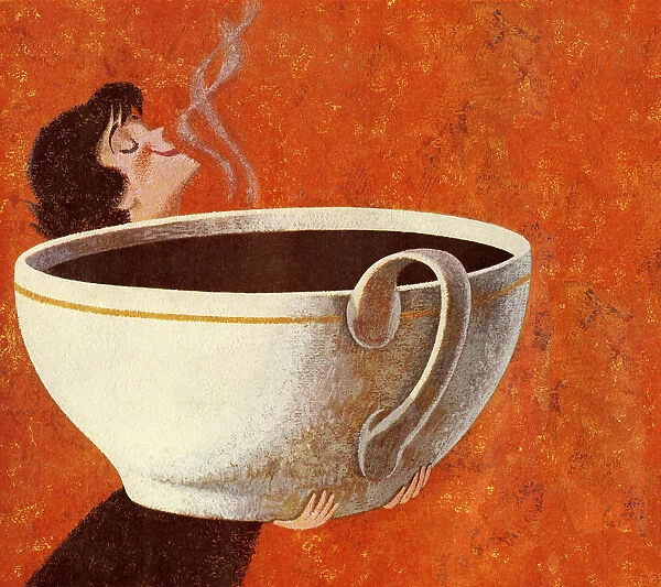 Woman Smelling Giant Cup of Coffee