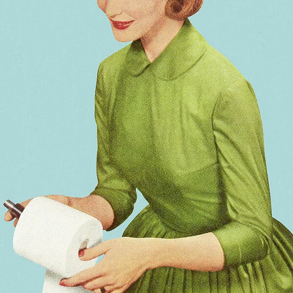 A woman in vintage fashion holding a toilet paper roll