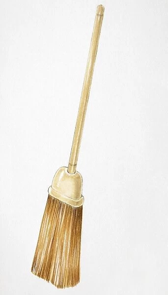 Wooden broom leaning against wall