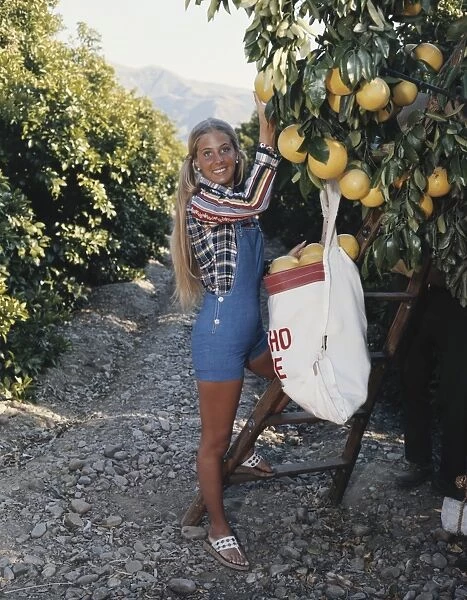 Young woman picking pummelo, smiling, portrait