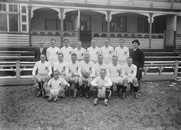 England versus Wales in rugby match at Cardiff. The English team. Back row left to right