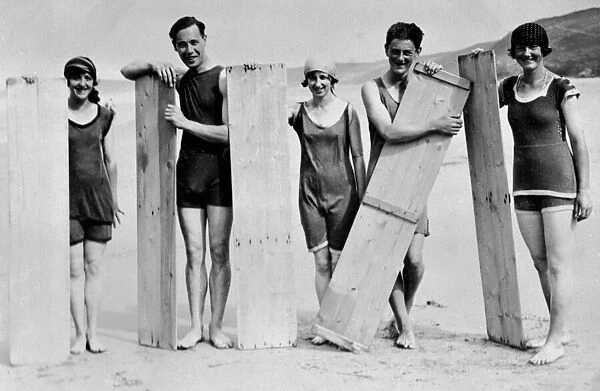 Surfers on the beach, Perranporth, Perranzabuloe, Cornwall. Probably June 1922