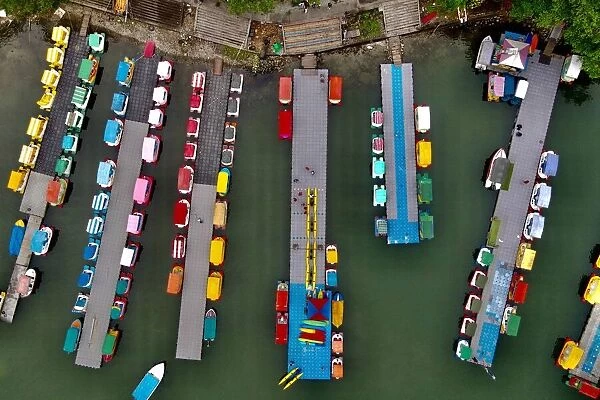 TAIWAN-TOURISM. An aerial view shows leisure boats moored at Liyu Lake