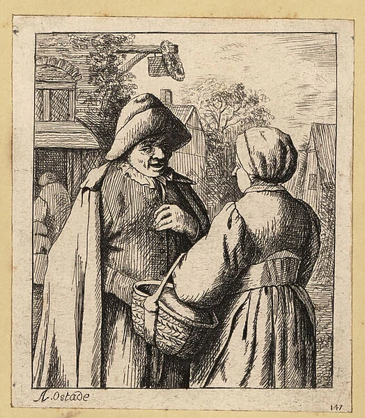 17th century Dutch man and woman talking in a village street. 1803 (engraving)