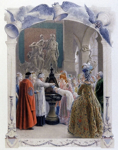 18th century noble baptism scene, c. 1900 (illustration)