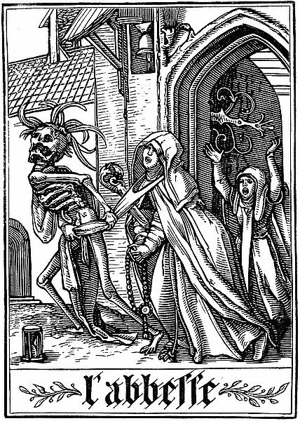 The Abbess visited by Death. From Hans Holbein the Younger Les Simulachres de la Mort (Dance of Death, Totentanz). Series of illustrations following the tradition of medieval morality plays . Woodcut 1538