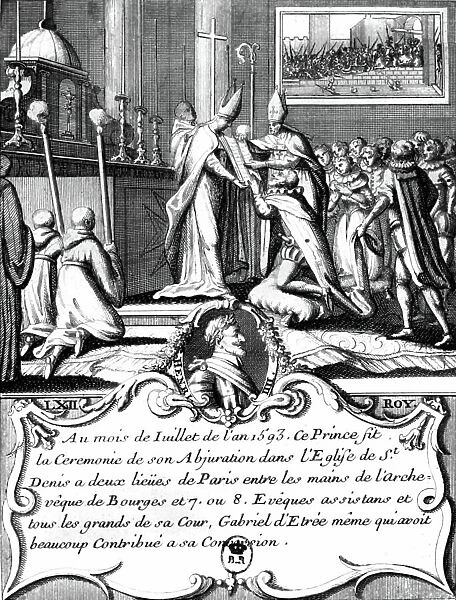 Abjuration of French Henri IV : converting to catholicism in St Denis abbey, France, on july 25, 1593, engraving