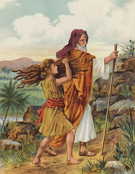 Abraham and Isaac going up Mount Moriah (colour litho)